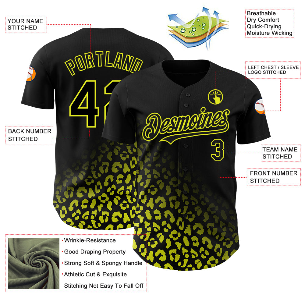 Custom Black Neon Yellow 3D Pattern Design Leopard Print Fade Fashion Authentic Baseball Jersey