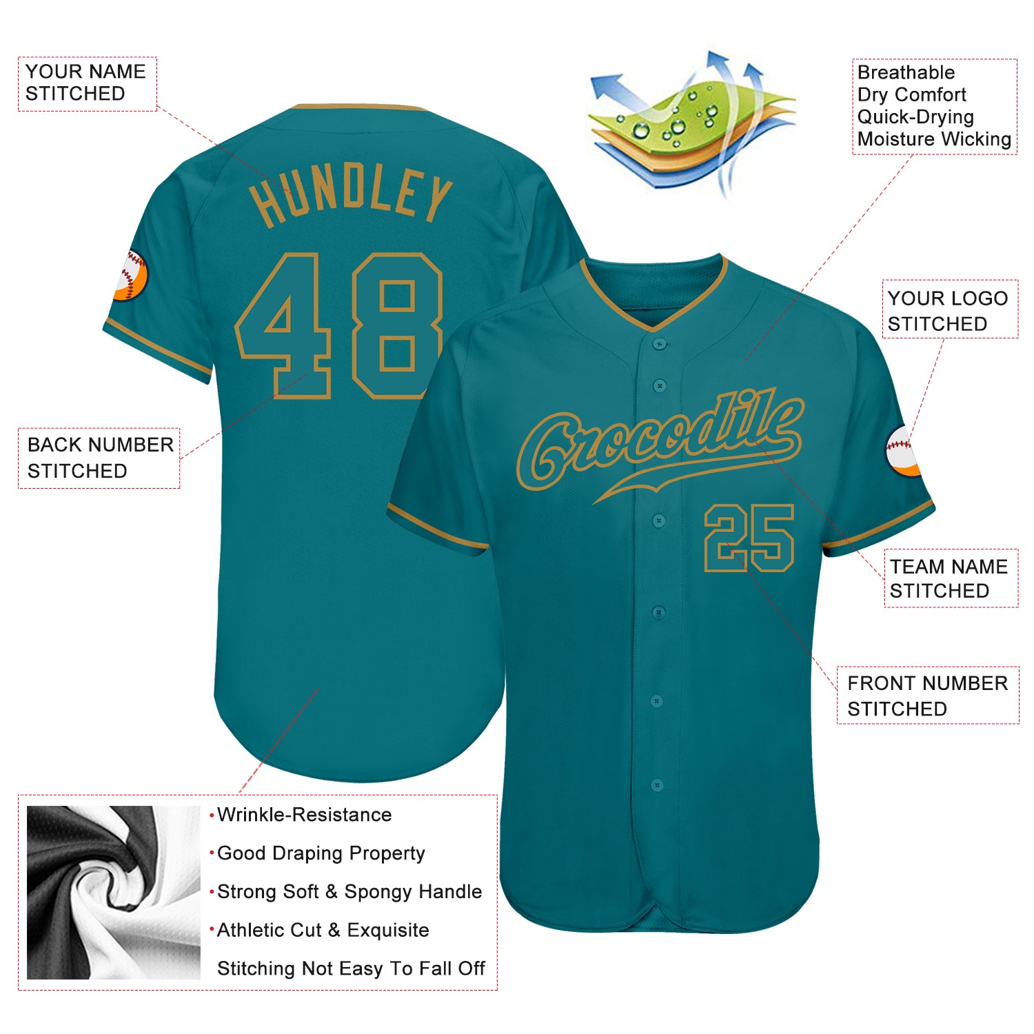 Custom Teal Teal-Old Gold Authentic Baseball Jersey