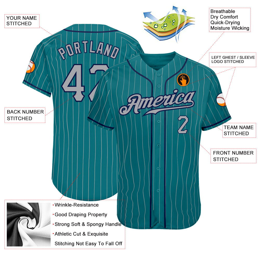 Custom Teal Gray Pinstripe Gray-Navy Authentic Baseball Jersey