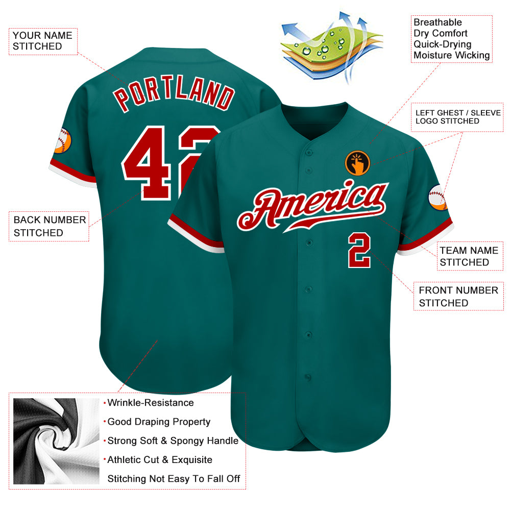 Custom Teal Red-White Authentic Baseball Jersey