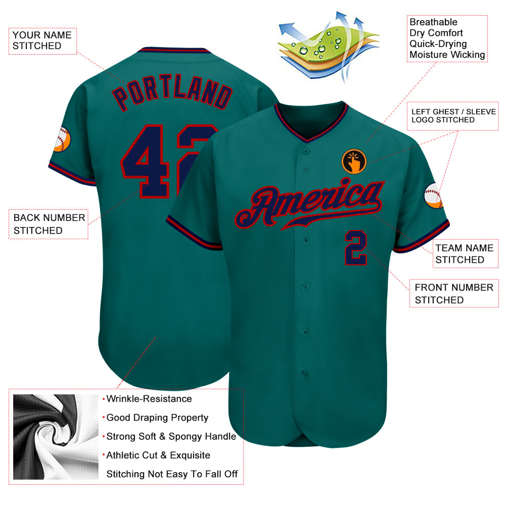 Custom Teal Navy-Red Authentic Baseball Jersey