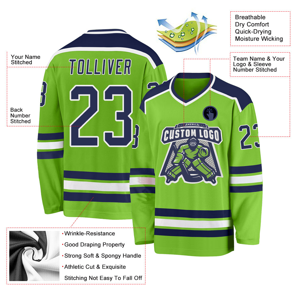 Custom Neon Green Navy-White Hockey Jersey