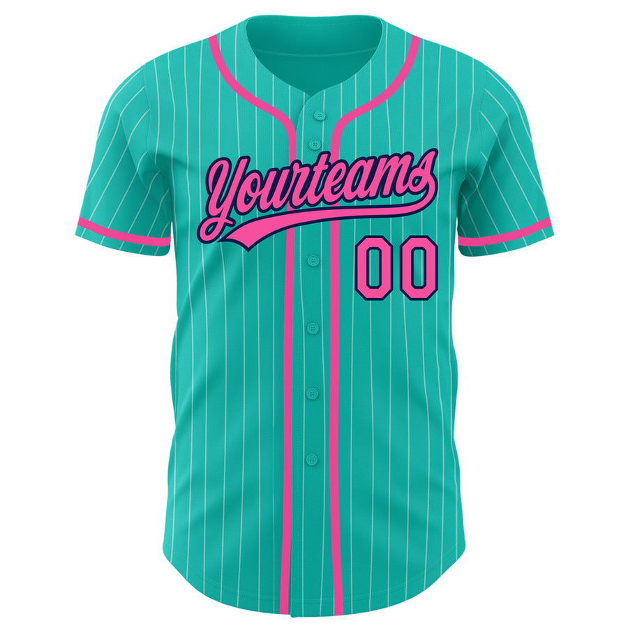 Custom Aqua White Pinstripe Pink-Navy Authentic Baseball Jersey
