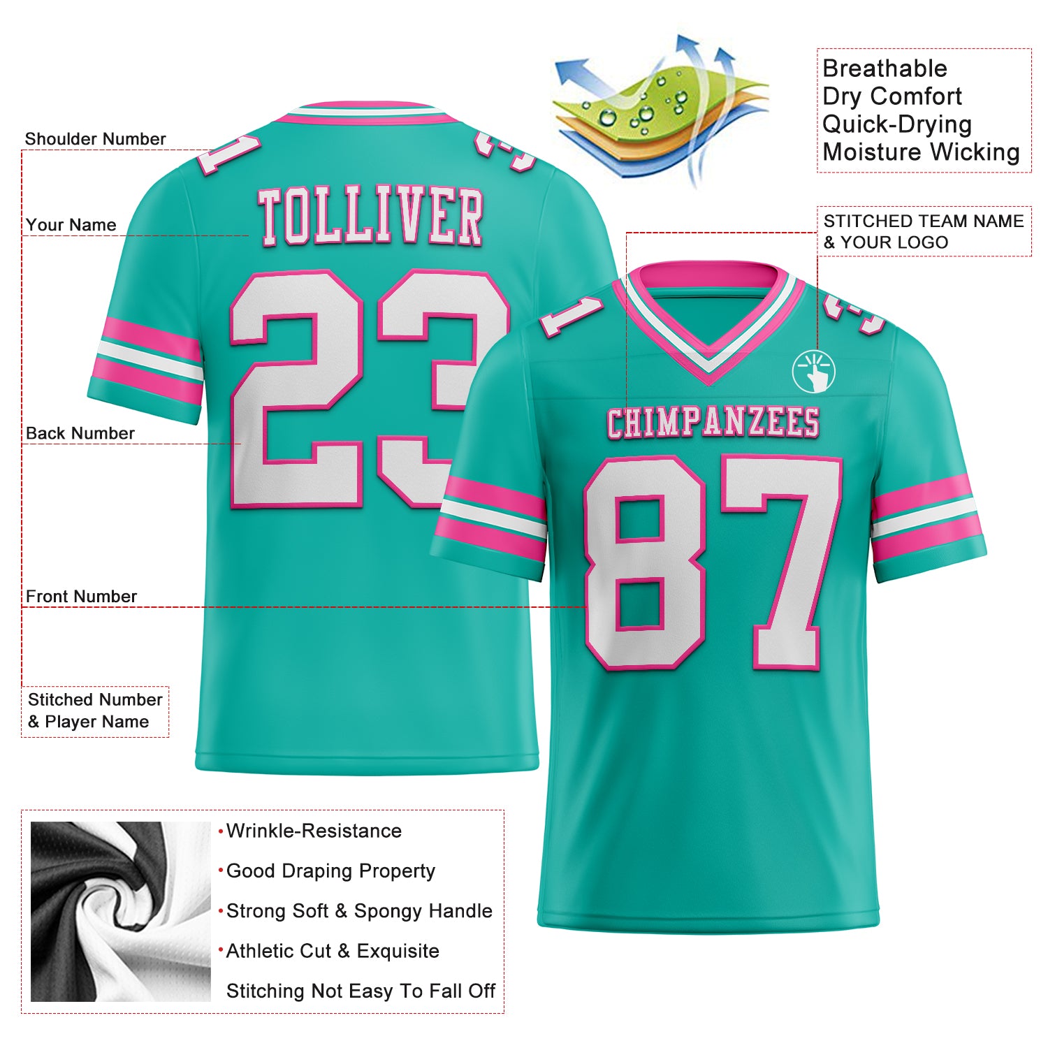 Custom Aqua White-Pink Authentic Football Jersey