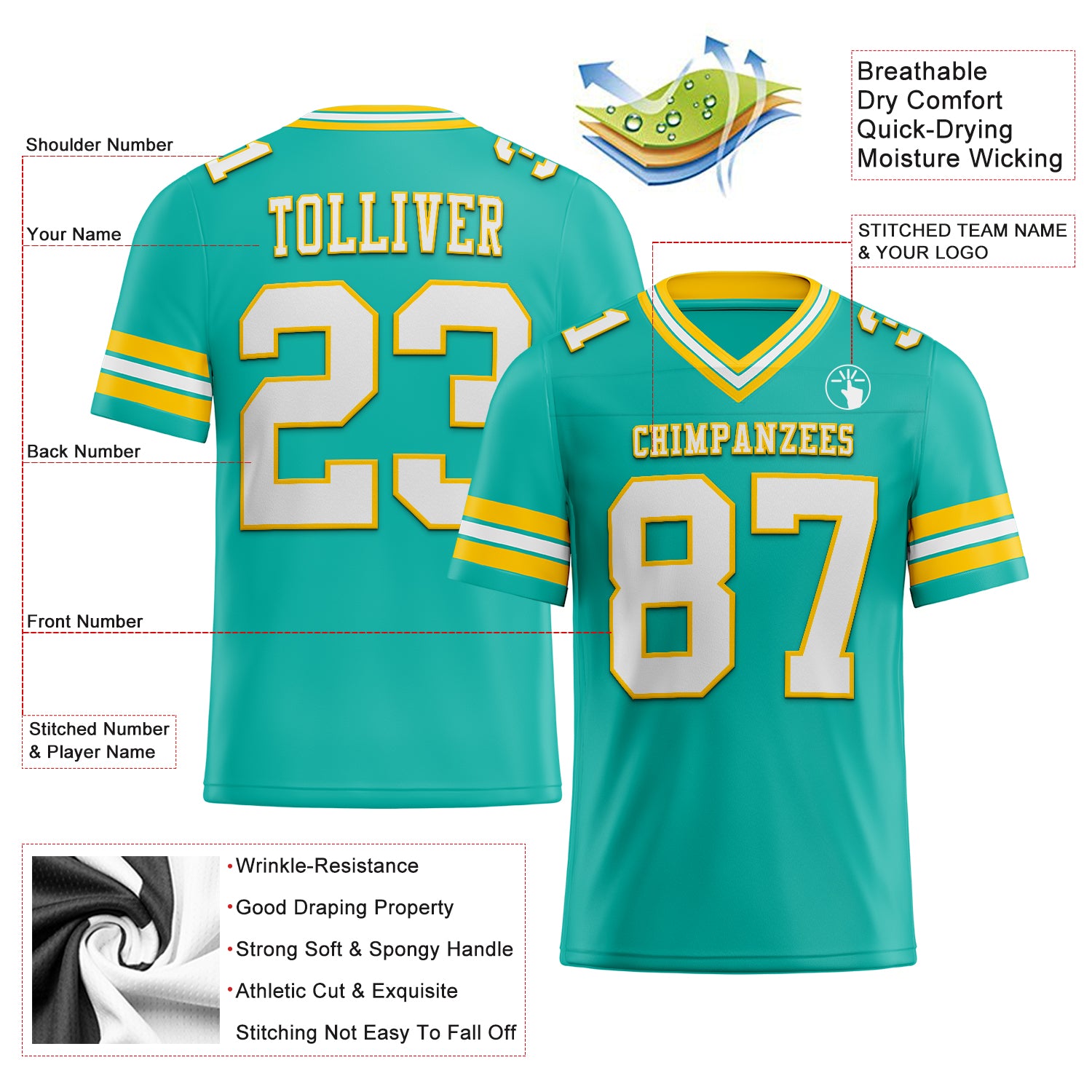 Custom Aqua White-Yellow Authentic Football Jersey