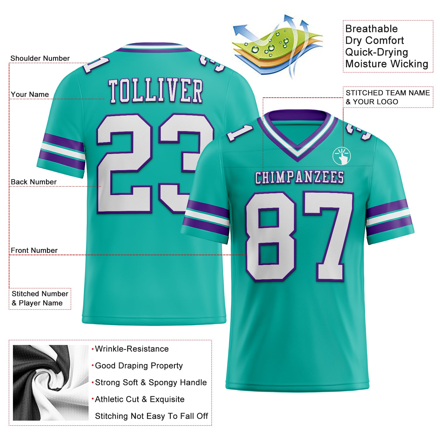 Custom Aqua White-Purple Authentic Football Jersey