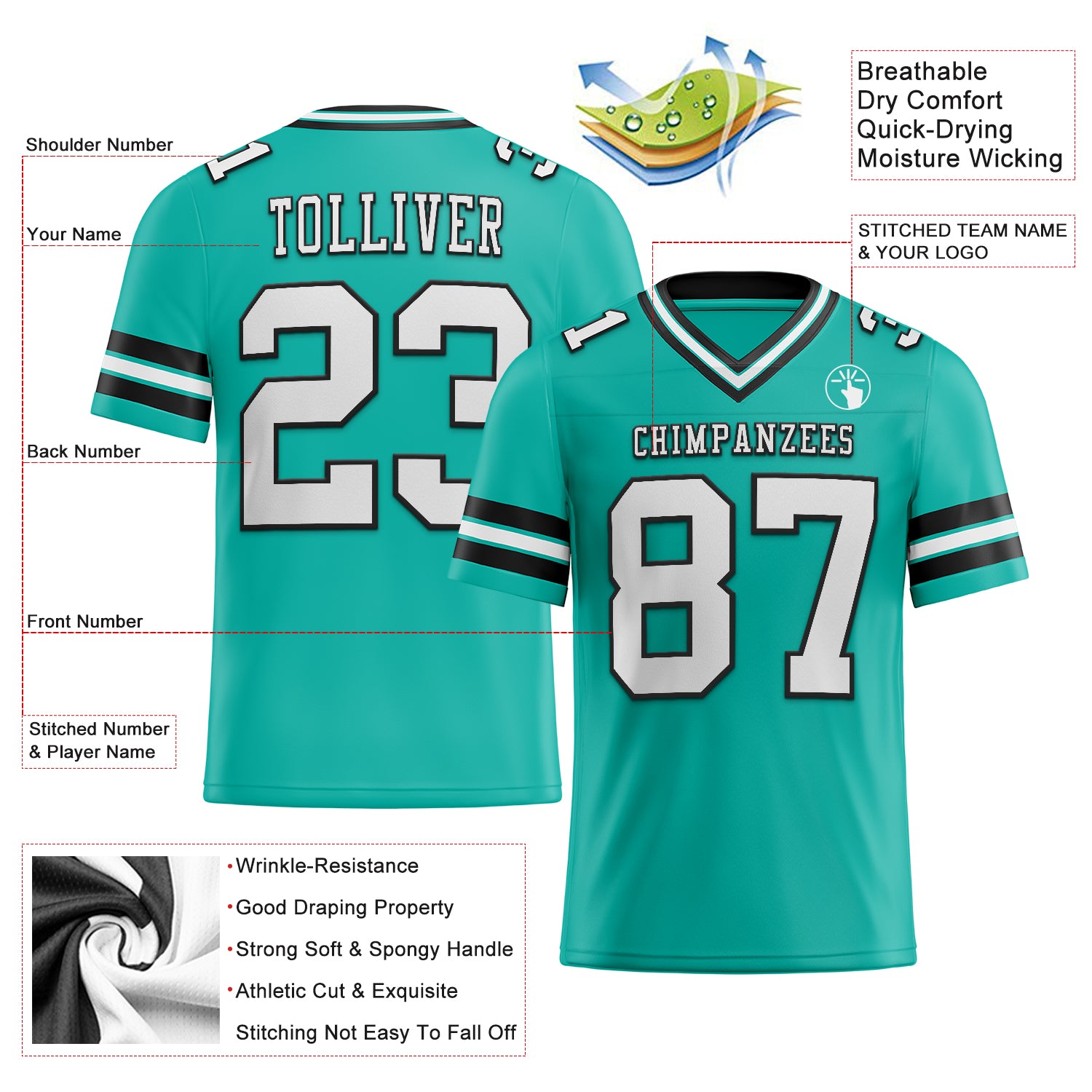 Custom Aqua White-Black Authentic Football Jersey