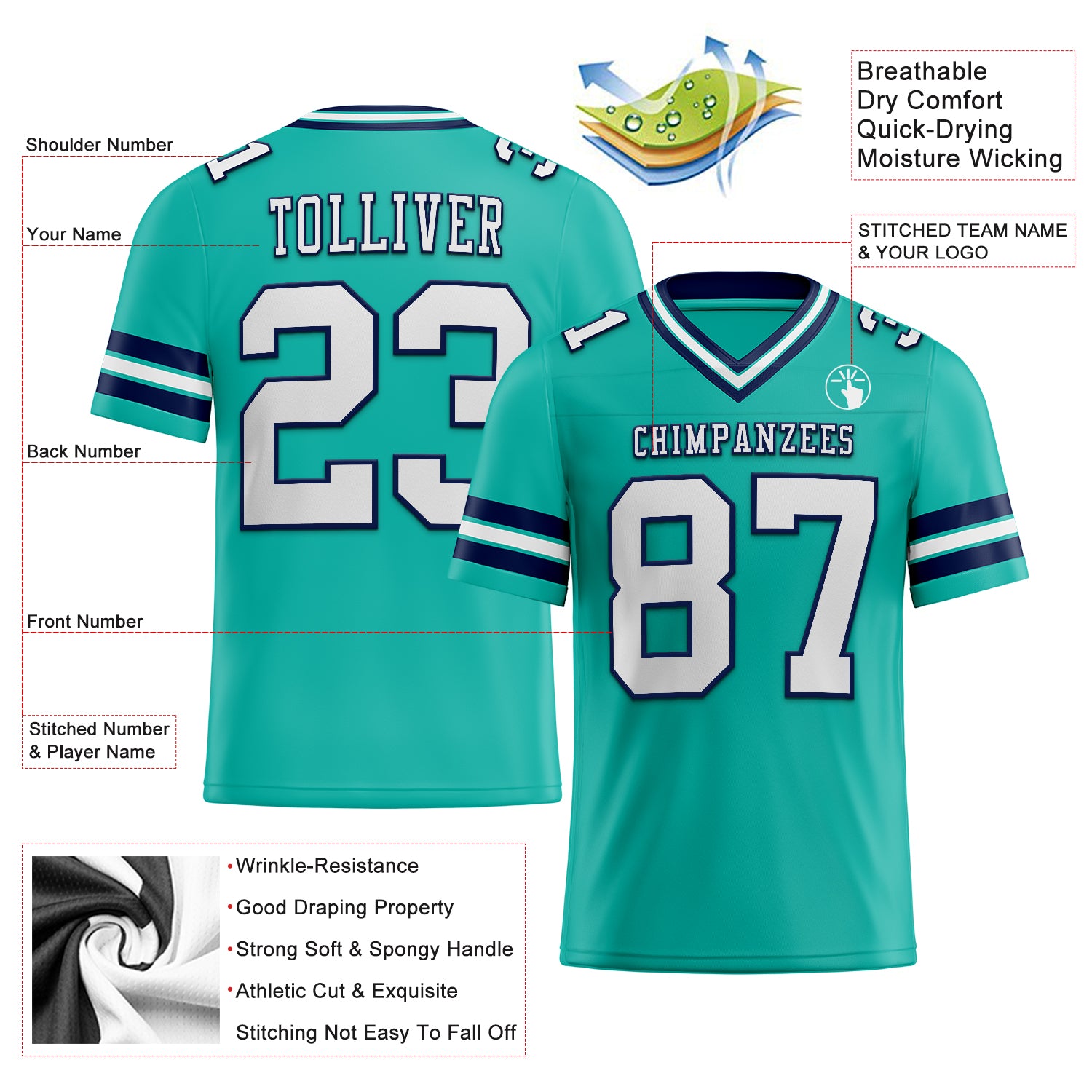 Custom Aqua White-Navy Authentic Football Jersey