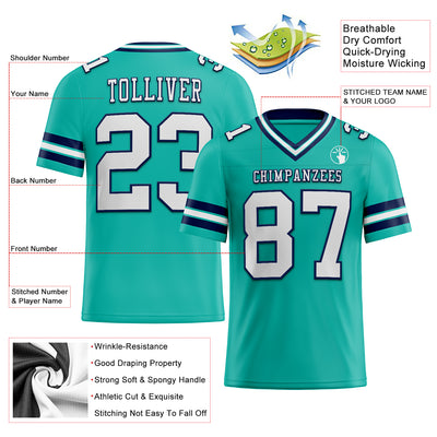 Custom Aqua White-Navy Authentic Football Jersey