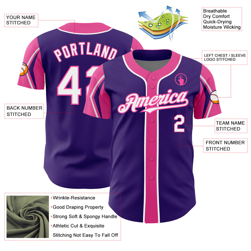 Custom Purple White-Pink 3 Colors Arm Shapes Authentic Baseball Jersey