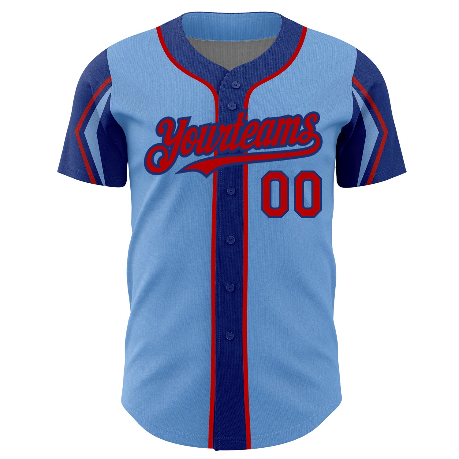 Custom Light Blue Red-Royal 3 Colors Arm Shapes Authentic Baseball Jersey