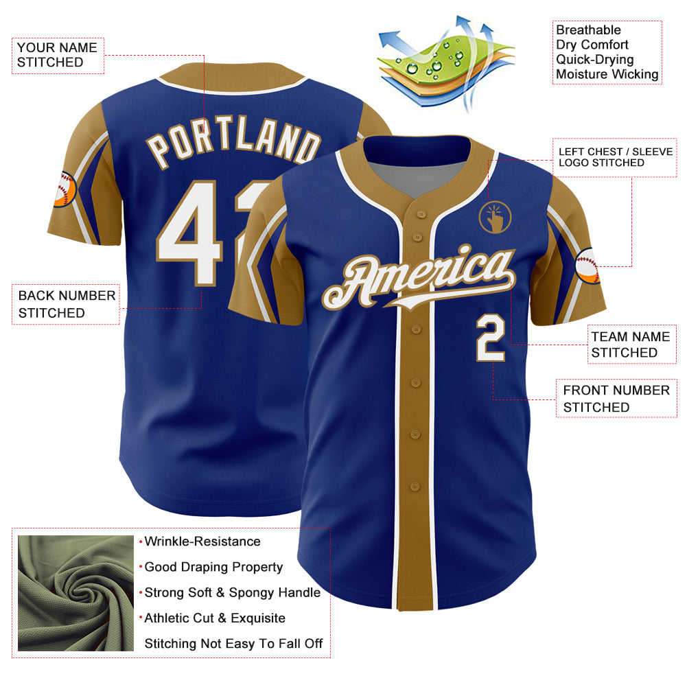 Custom Royal White-Old Gold 3 Colors Arm Shapes Authentic Baseball Jersey