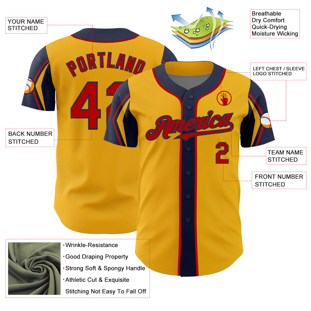 Custom Gold Red-Navy 3 Colors Arm Shapes Authentic Baseball Jersey