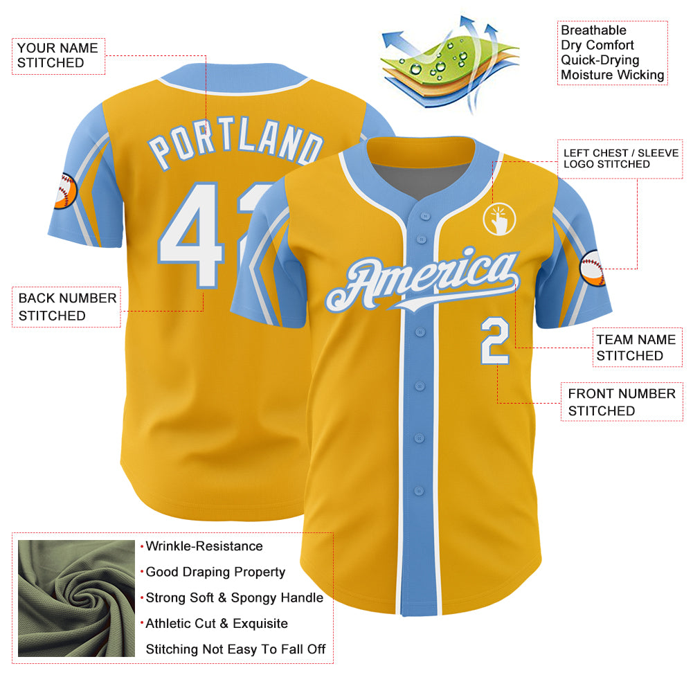Custom Gold White-Light Blue 3 Colors Arm Shapes Authentic Baseball Jersey