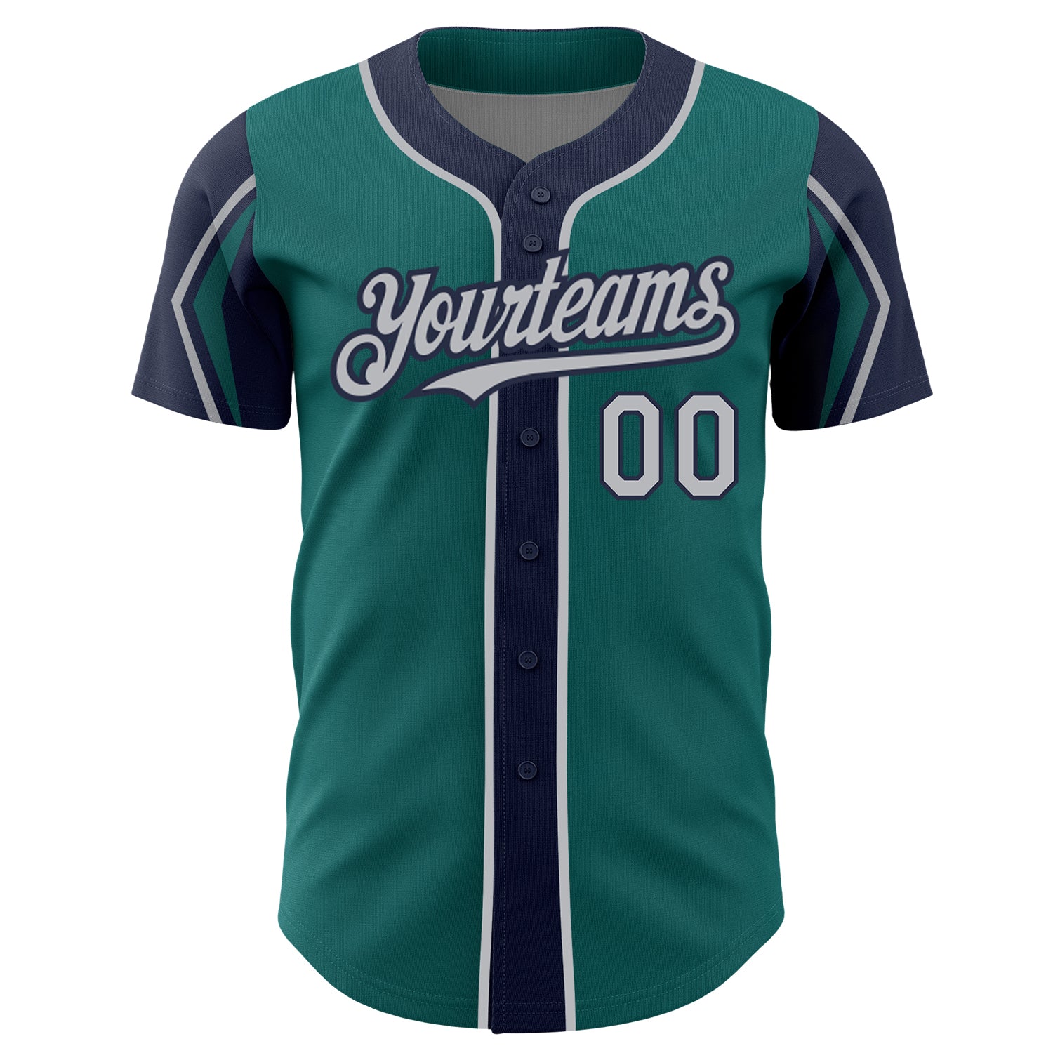Custom Teal Gray-Navy 3 Colors Arm Shapes Authentic Baseball Jersey