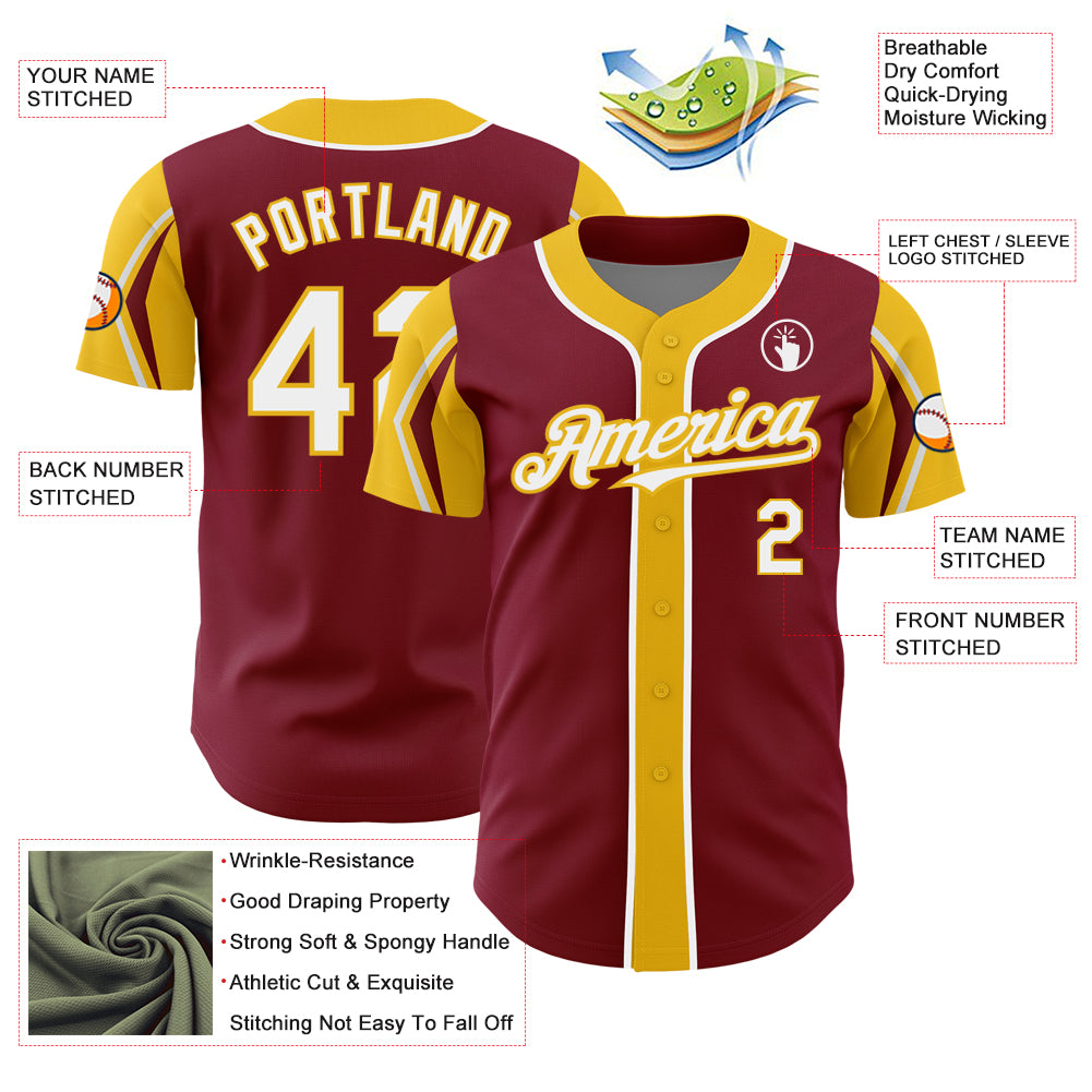 Custom Crimson White-Yellow 3 Colors Arm Shapes Authentic Baseball Jersey