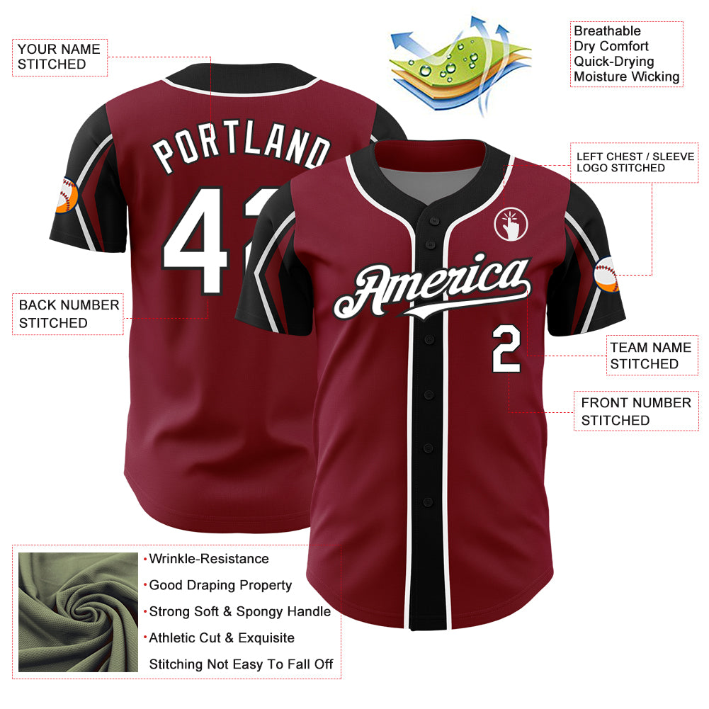 Custom Crimson White-Black 3 Colors Arm Shapes Authentic Baseball Jersey