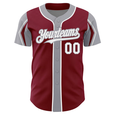 Custom Crimson White-Gray 3 Colors Arm Shapes Authentic Baseball Jersey