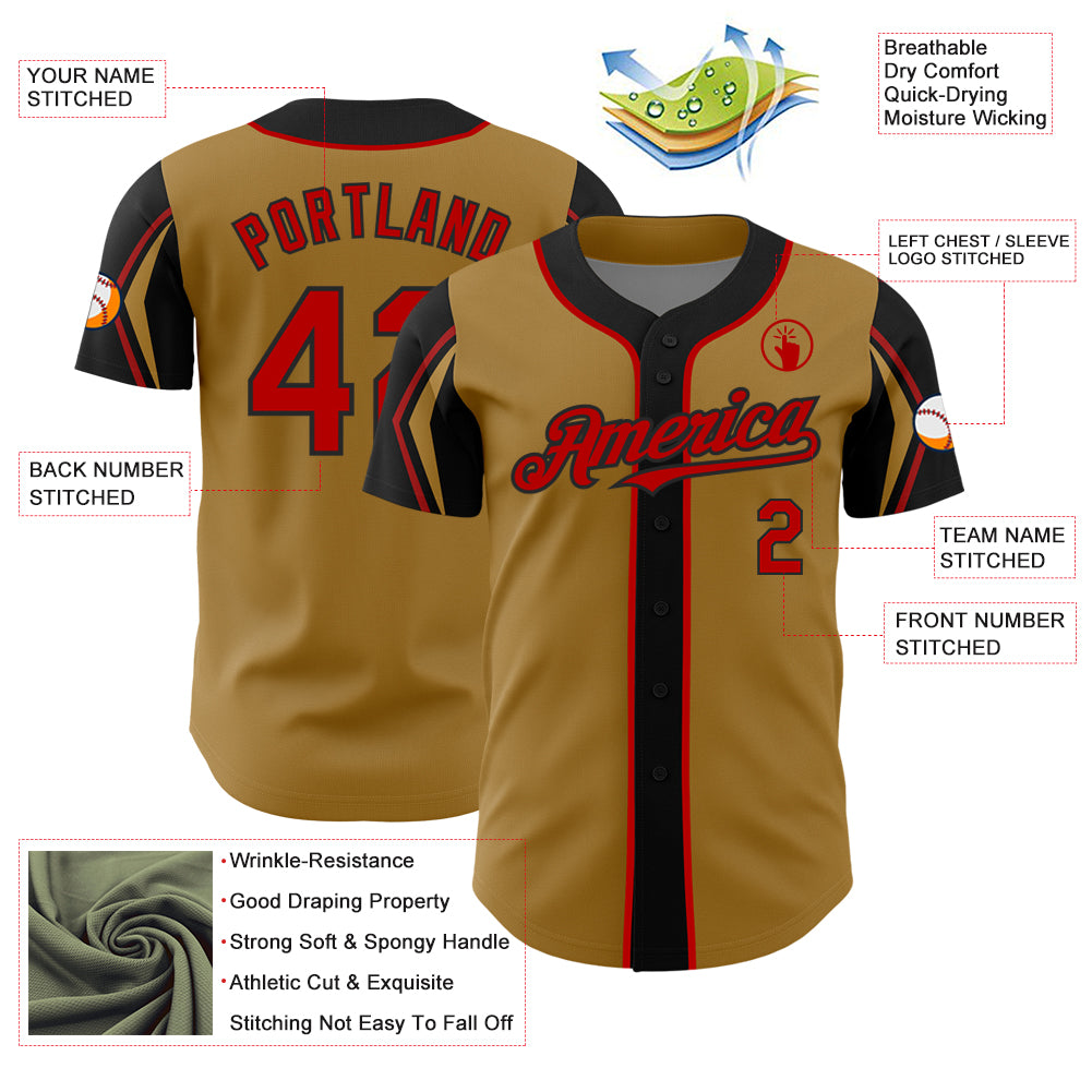 Custom Old Gold Red-Black 3 Colors Arm Shapes Authentic Baseball Jersey