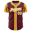 Custom Burgundy White-Gold 3 Colors Arm Shapes Authentic Baseball Jersey