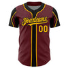 Custom Burgundy Gold-Black 3 Colors Arm Shapes Authentic Baseball Jersey