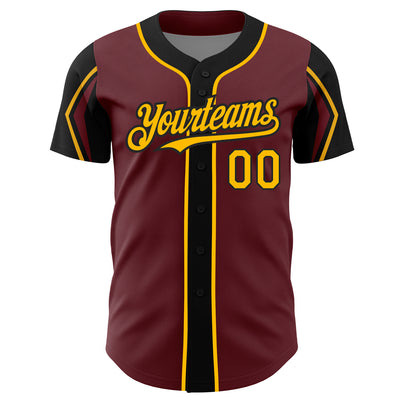 Custom Burgundy Gold-Black 3 Colors Arm Shapes Authentic Baseball Jersey