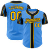 Custom Electric Blue Gold-Black 3 Colors Arm Shapes Authentic Baseball Jersey