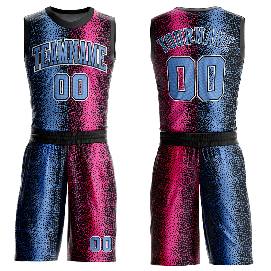 Custom Black Light Blue-Pink Animal Fur Print Round Neck Sublimation Basketball Suit Jersey