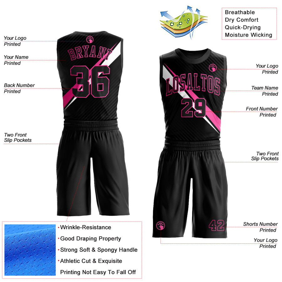 Custom Black Pink-White Diagonal Lines Round Neck Sublimation Basketball Suit Jersey