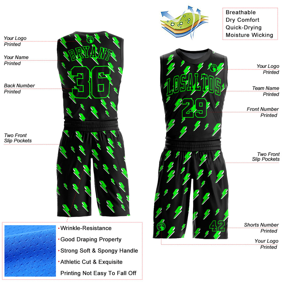 Custom Black Neon Green Lightning Shapes Round Neck Sublimation Basketball Suit Jersey