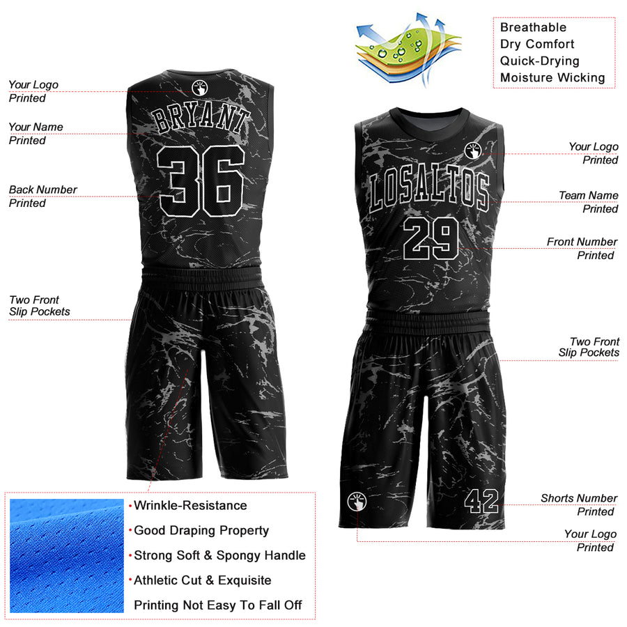 Custom Black White-Gray Abstract Grunge Art Round Neck Sublimation Basketball Suit Jersey