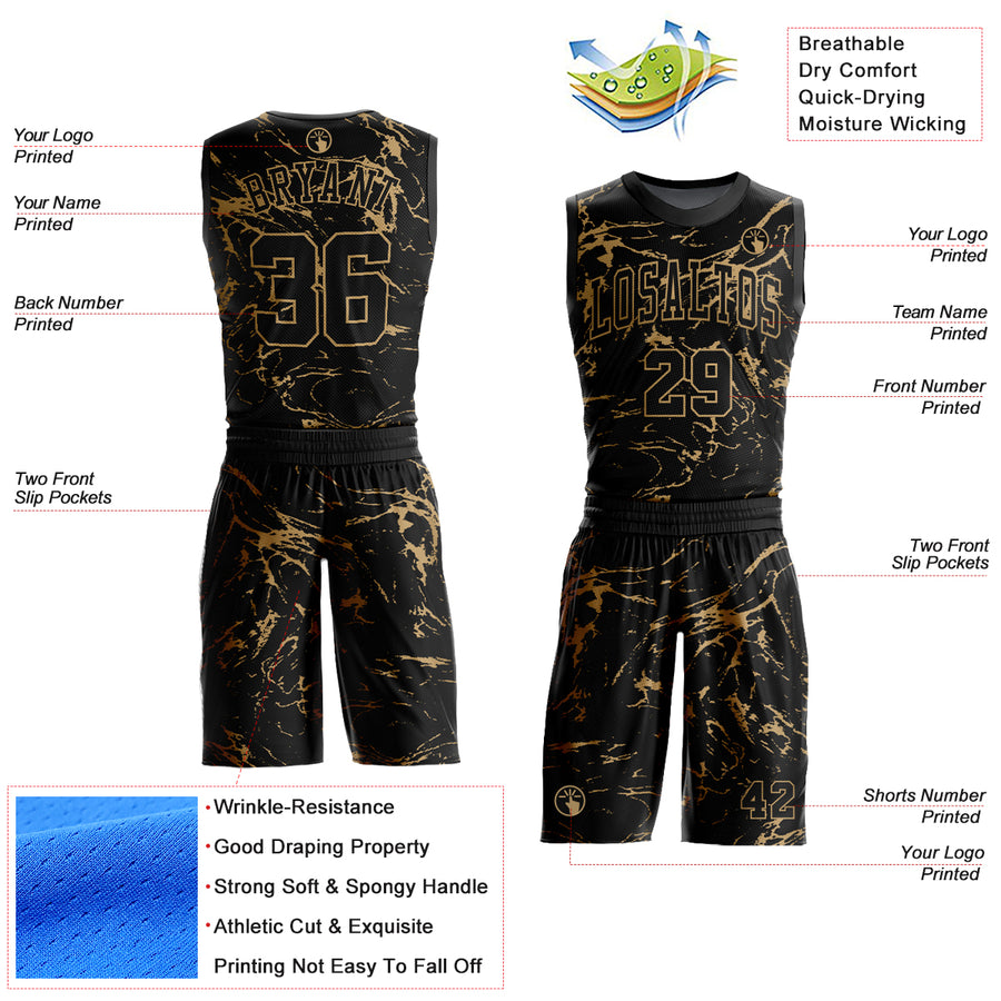 Custom Black Old Gold Abstract Grunge Art Round Neck Sublimation Basketball Suit Jersey