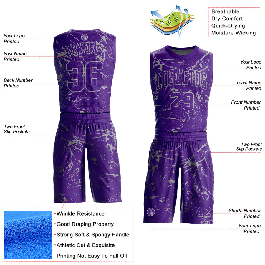 Custom Purple Light Gray Abstract Grunge Art Round Neck Sublimation Basketball Suit Jersey