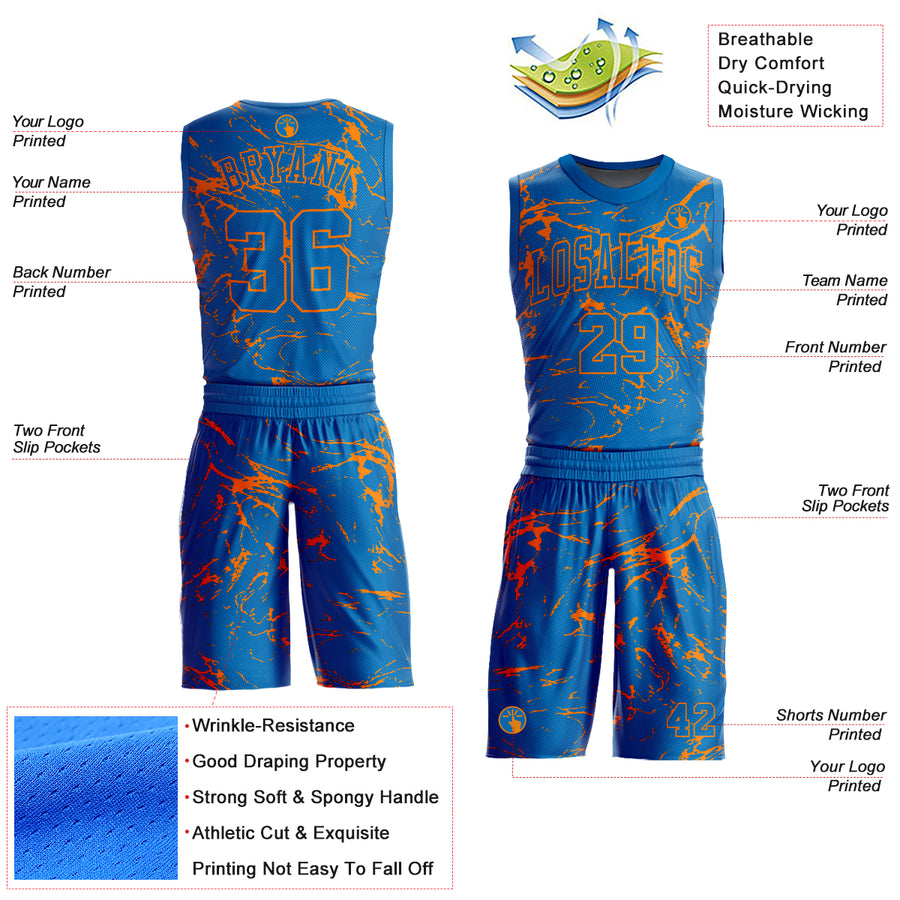 Custom Blue Bay Orange Abstract Grunge Art Round Neck Sublimation Basketball Suit Jersey