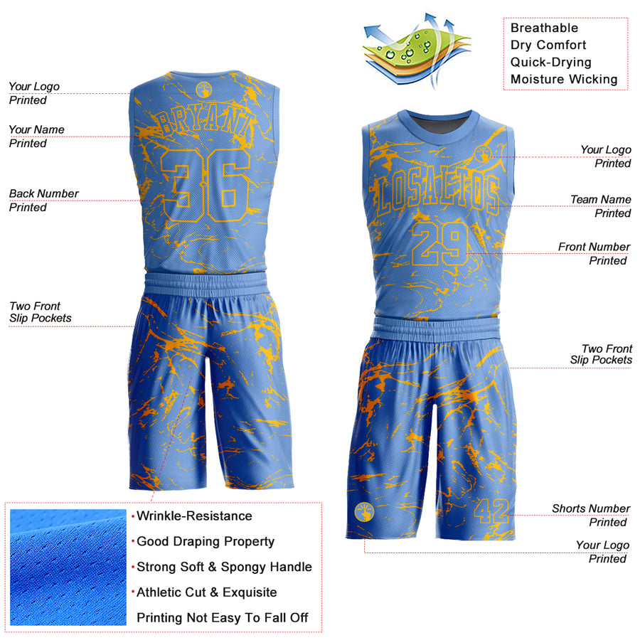 Custom Light Blue Gold Abstract Grunge Art Round Neck Sublimation Basketball Suit Jersey