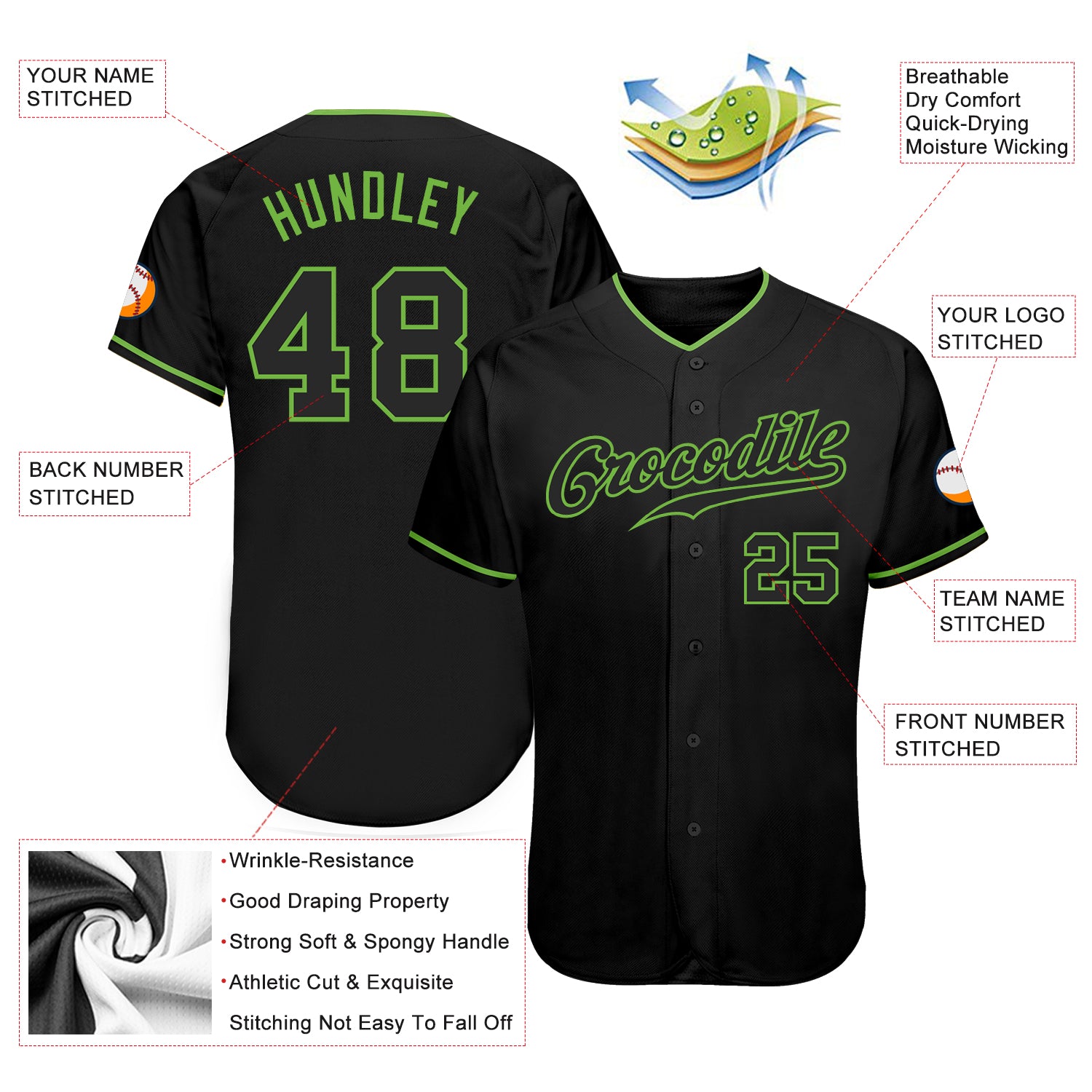 Custom Baseball Jersey Black Neon Green Authentic Youth Size:M
