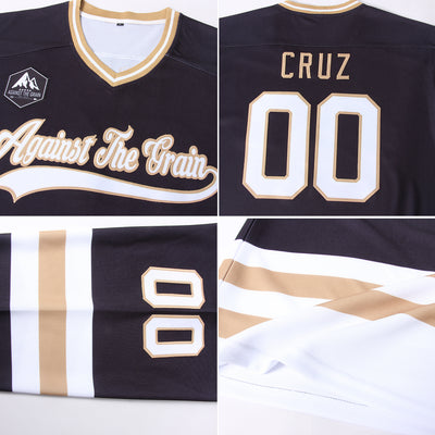 Custom Black White-Old Gold Hockey Jersey