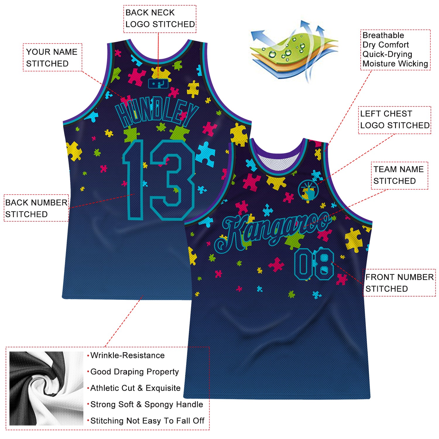 Custom Black Navy-Teal 3D Pattern Design Autism Supporter Awareness Puzzle Pieces Authentic Basketball Jersey
