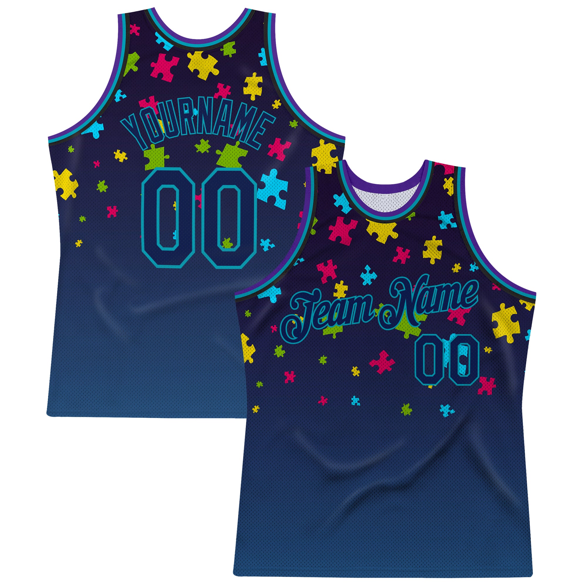 Custom Black Navy-Teal 3D Pattern Design Autism Supporter Awareness Puzzle Pieces Authentic Basketball Jersey