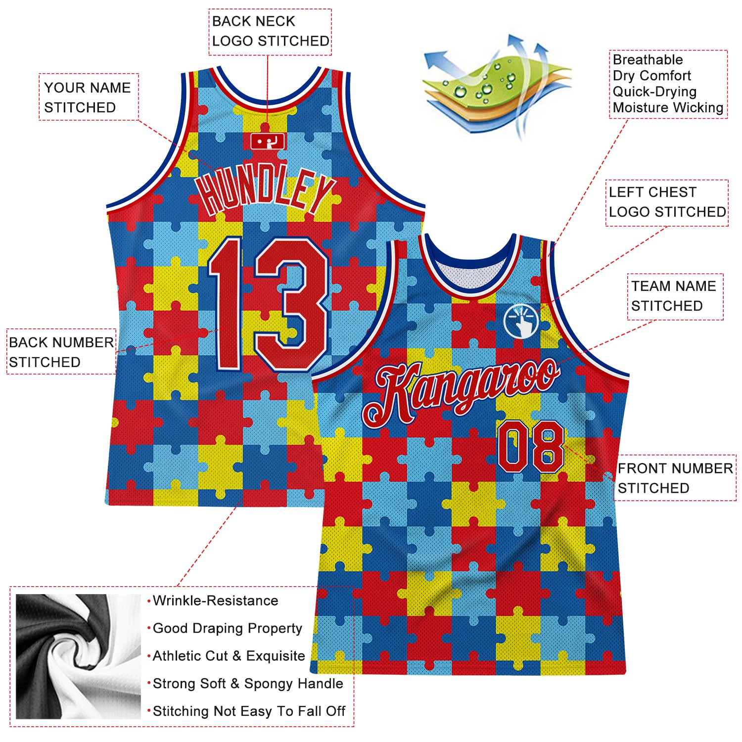 Custom Black Red-Royal 3D Pattern DesignAutism Supporter Awareness Puzzle Pieces Authentic Basketball Jersey