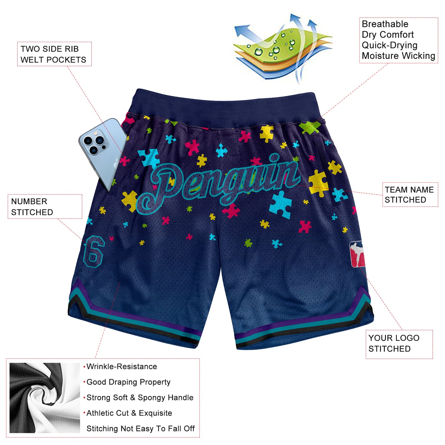 Custom Black Navy-Teal 3D Pattern Design Autism Supporter Awareness Puzzle Pieces Authentic Basketball Shorts