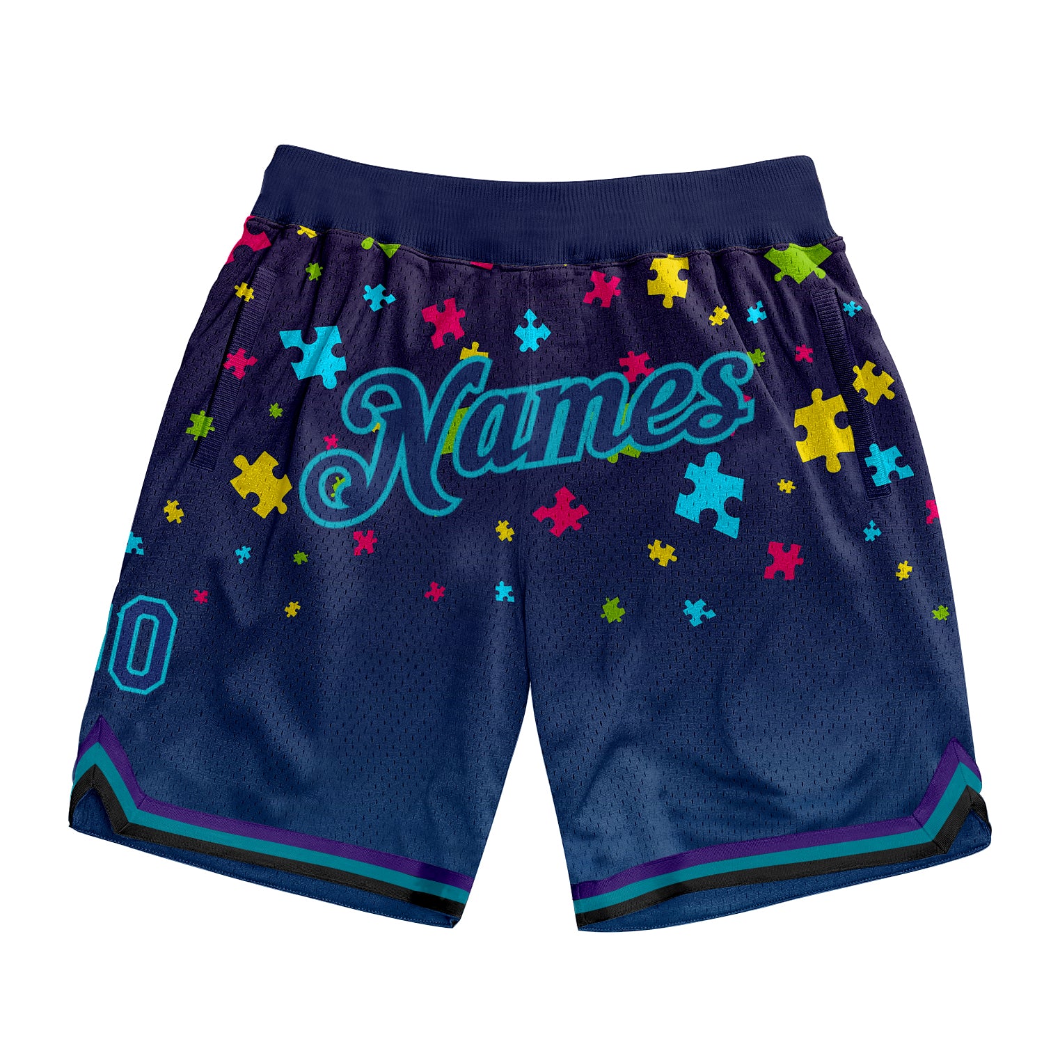 Custom Black Navy-Teal 3D Pattern Design Autism Supporter Awareness Puzzle Pieces Authentic Basketball Shorts