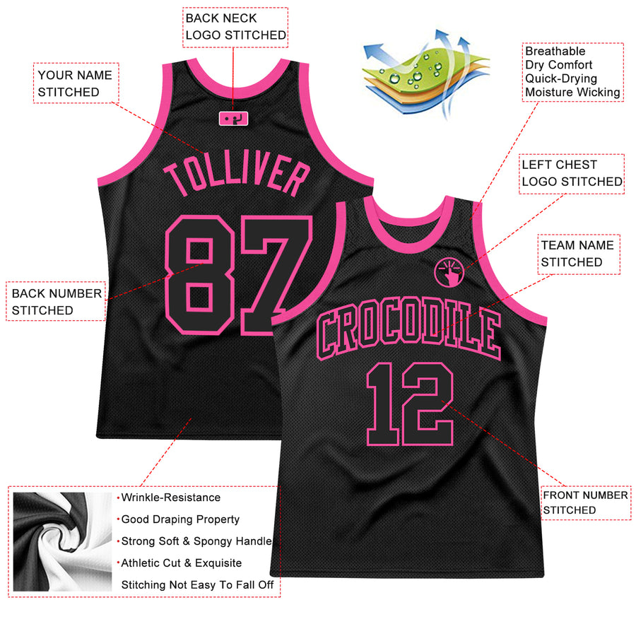 Custom Black Black-Pink Authentic Throwback Basketball Jersey