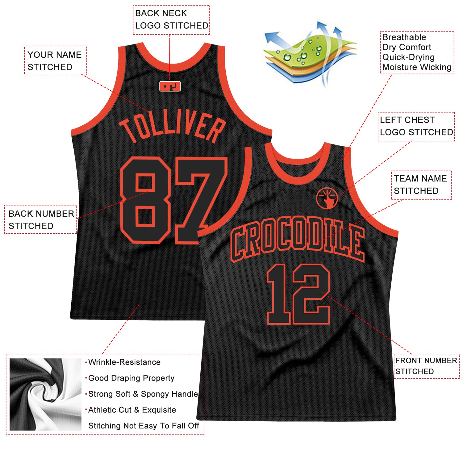 Custom Black Black-Orange Authentic Throwback Basketball Jersey