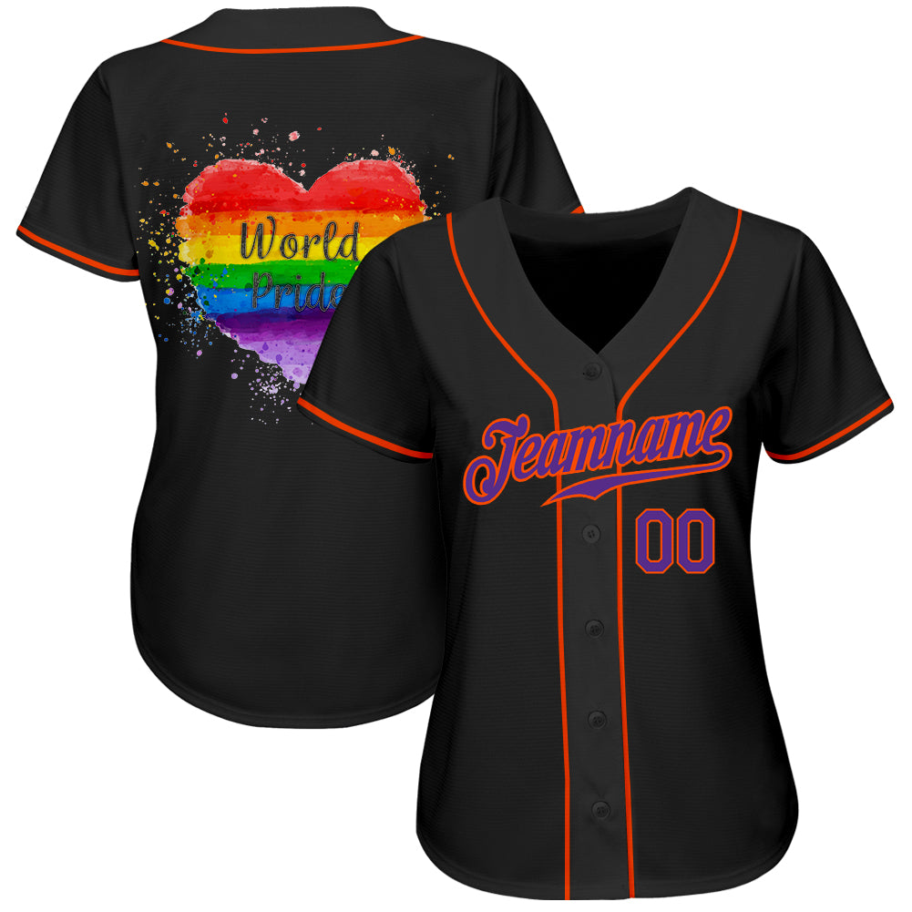Custom Black Purple-Orange Rainbow Colored Heart For World Pride LGBT Authentic Baseball Jersey