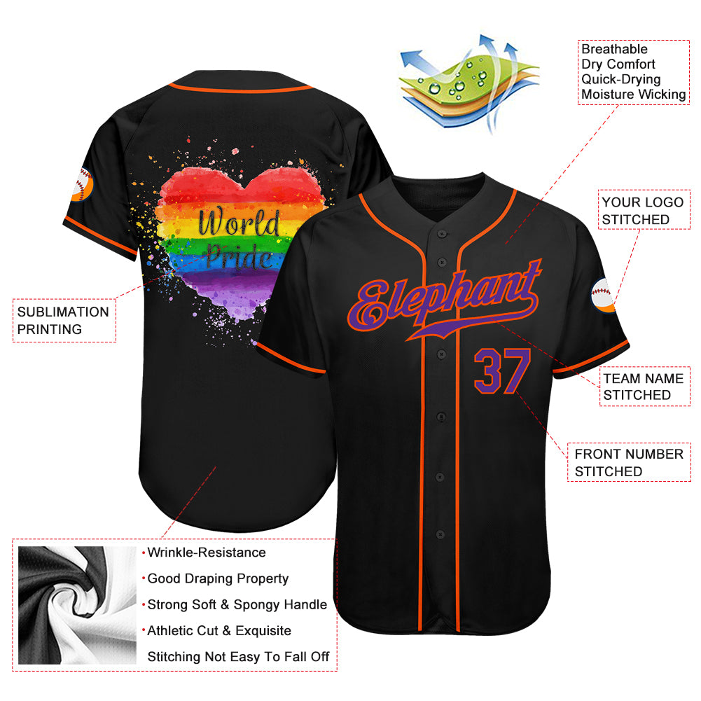 Custom Black Purple-Orange Rainbow Colored Heart For World Pride LGBT Authentic Baseball Jersey