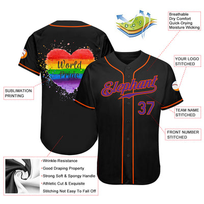 Custom Black Purple-Orange Rainbow Colored Heart For World Pride LGBT Authentic Baseball Jersey