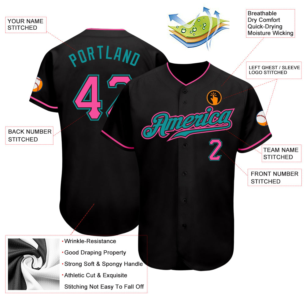 Custom Black Pink-Teal Authentic Baseball Jersey