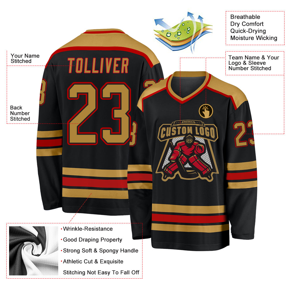 Custom Black Old Gold-Red Hockey Jersey