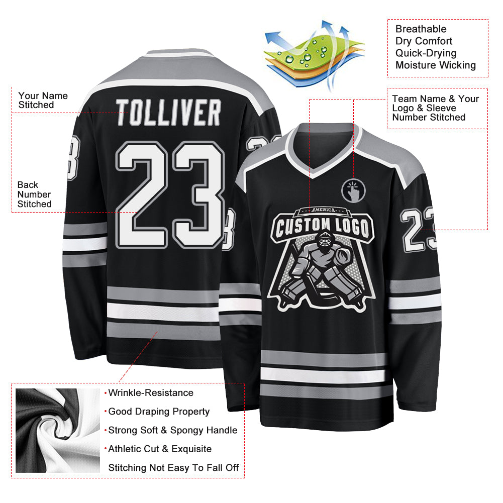 Custom Black White-Gray Hockey Jersey